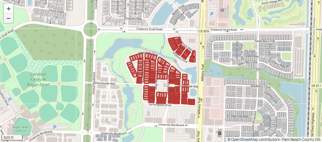 Cambridge tax parcels highlighted within Abacoa