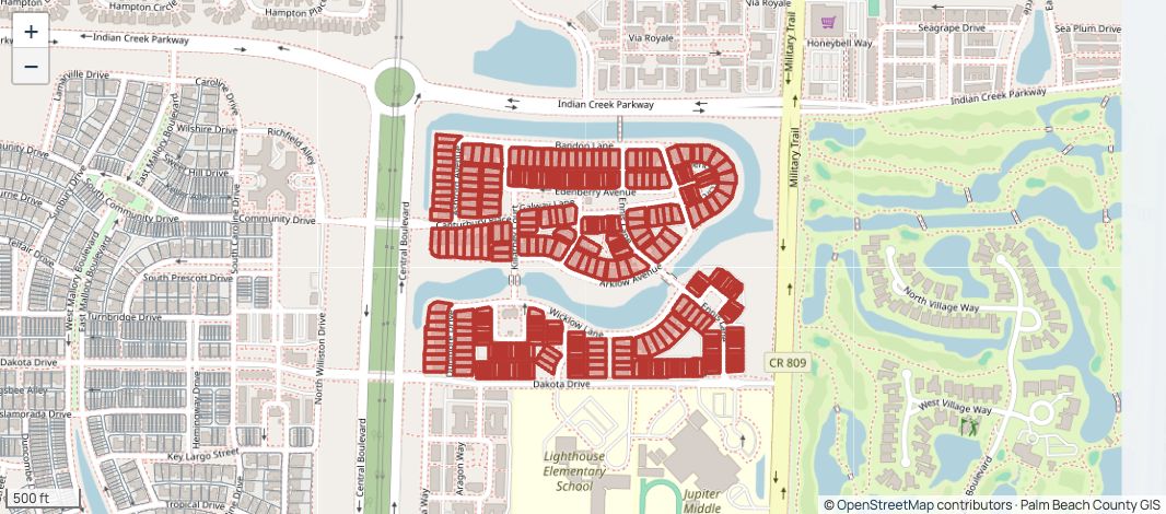 Canterbury Place tax parcels highlighted within Abacoa