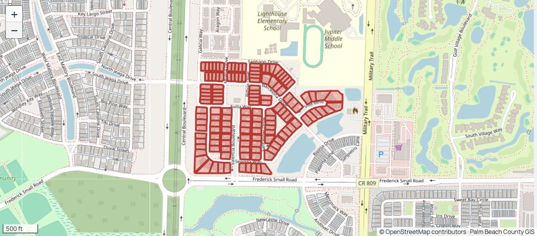 Valencia tax parcels highlighted within Abacoa