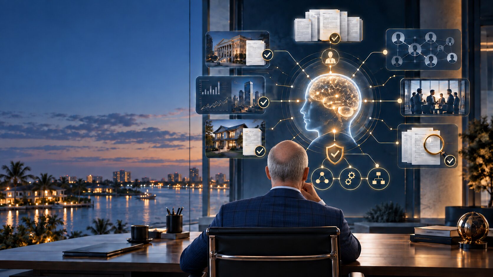 A professional at a desk overlooking a South Florida waterfront while an AI Brain connects verified documents, market analysis, an advisory panel and controlled workflows.