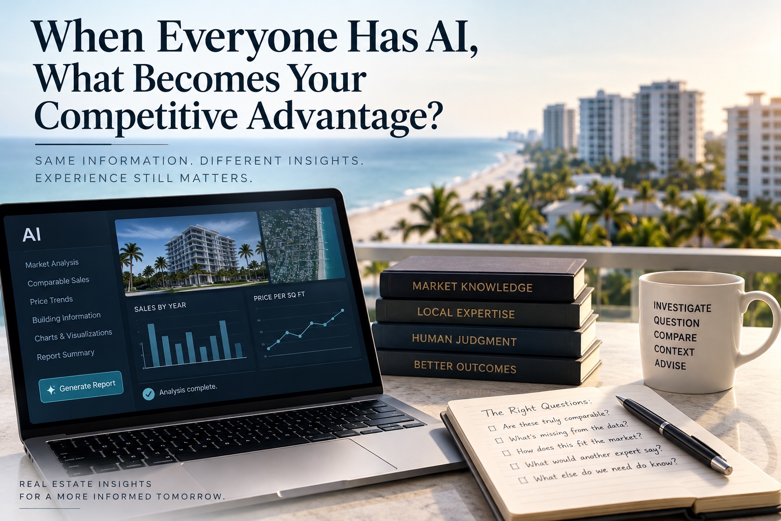 When Everyone Has AI, What Becomes Your Competitive Advantage? An illustrated oceanfront workspace pairs AI market analysis with books on market knowledge, local expertise and human judgment.