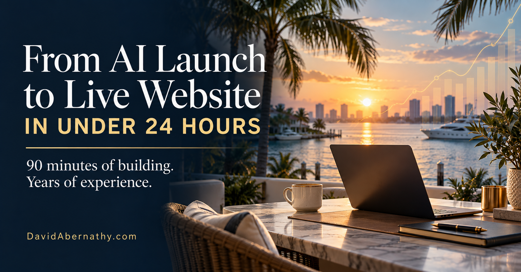 Illustrative waterfront sunrise with a laptop and the headline From AI Launch to Live Website in Under 24 Hours; caption: 90 minutes of building. Years of experience.