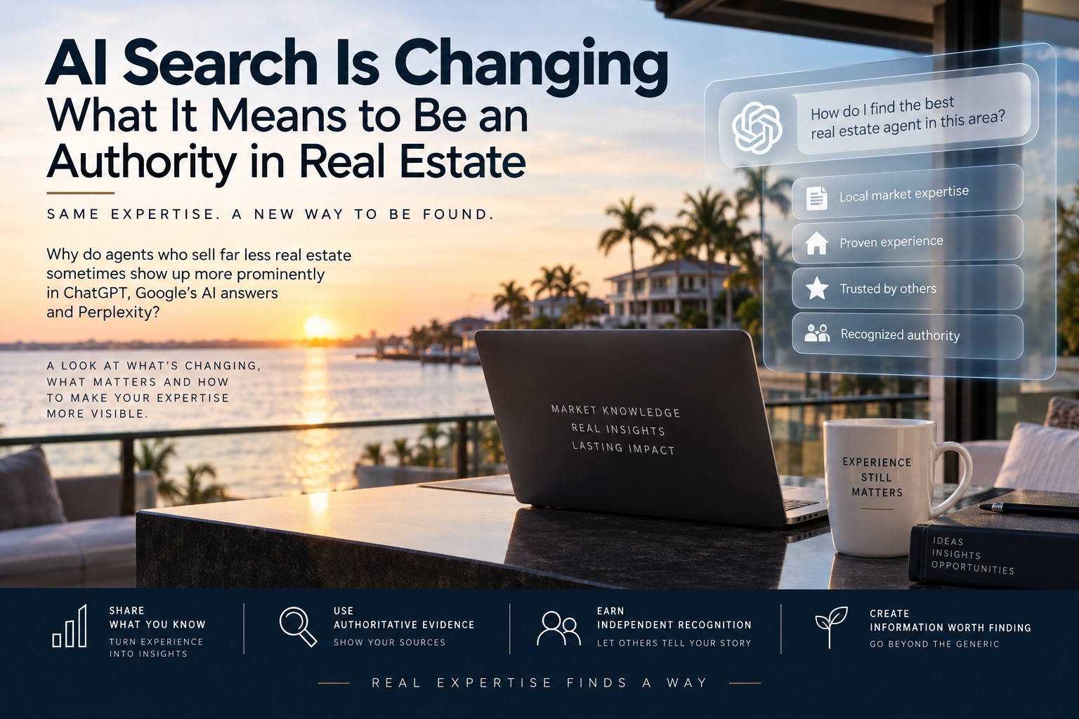 Captioned waterfront illustration with a laptop and AI search graphic showing market expertise, experience, trust and authority