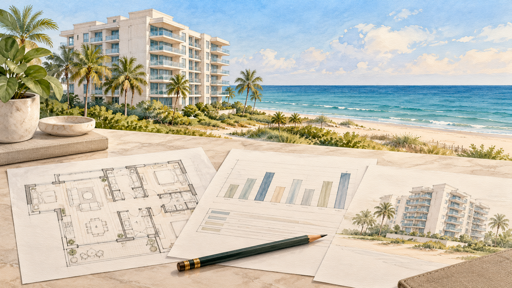 AI-generated editorial illustration of coastal condominium architecture, floor plans and market research materials; a conceptual scene, not a photograph of Brighton.