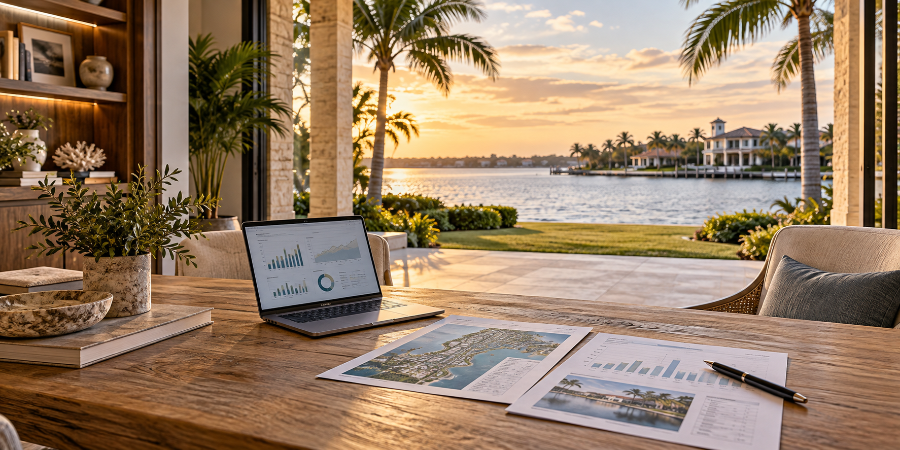 AI-generated illustration of a waterfront home study with a laptop, property maps and market charts overlooking palms and the water.