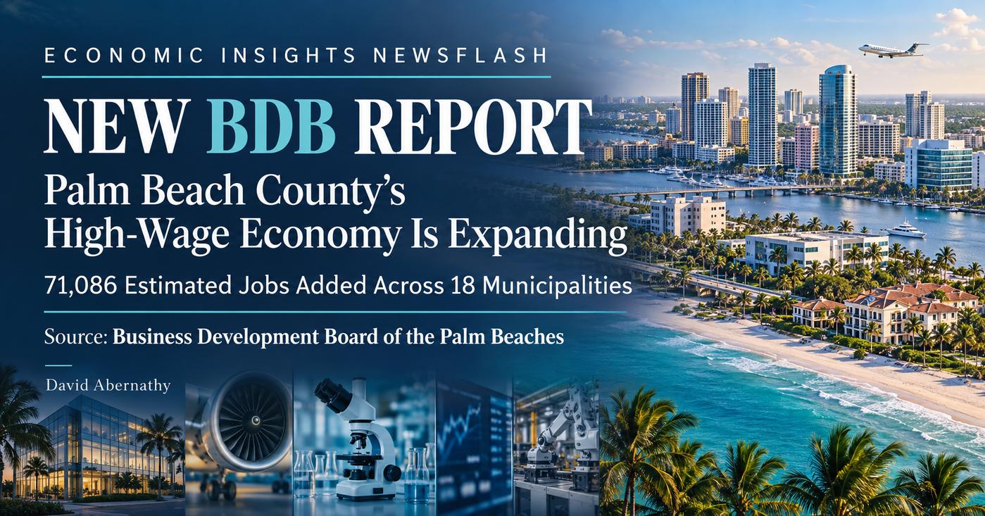 Economic Insights Newsflash graphic about the Business Development Board report on Palm Beach County job growth and high-wage industries.