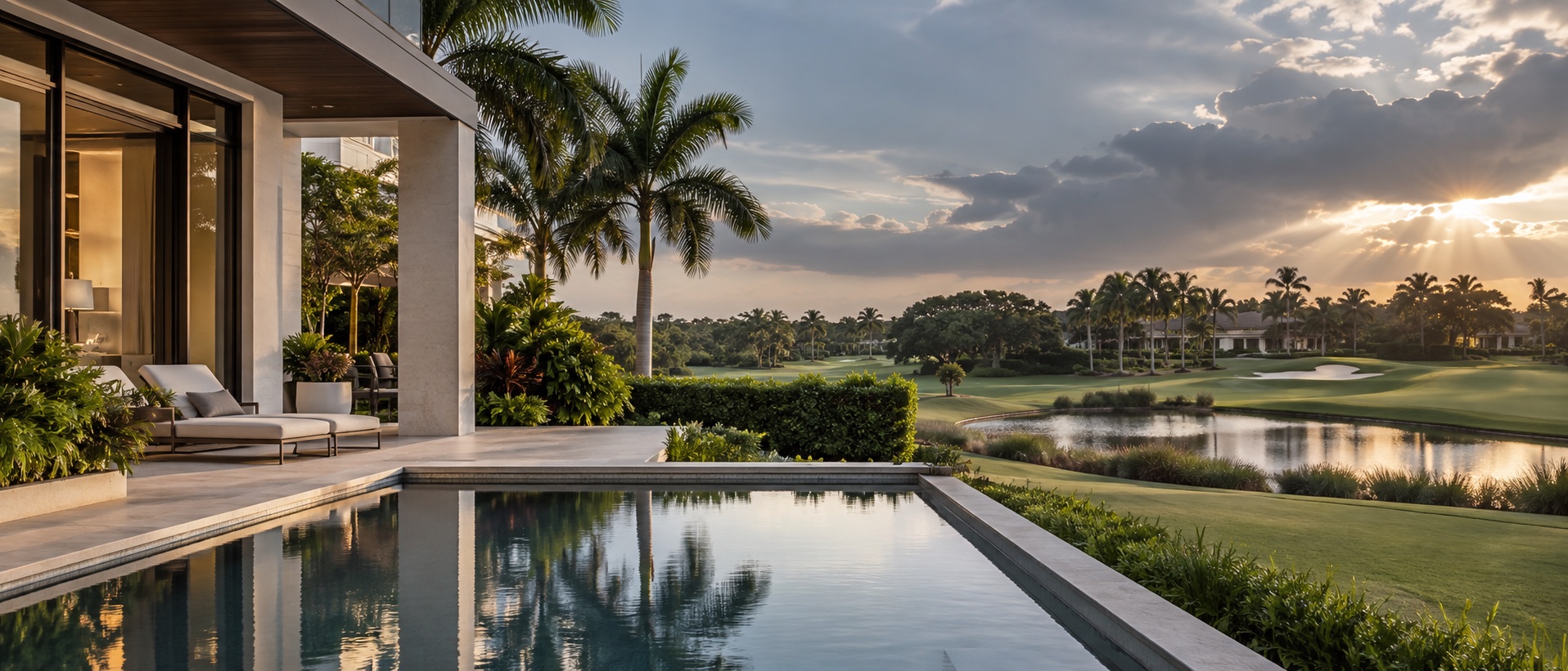 Luxury South Florida home overlooking a country club golf course and lake at sunset.