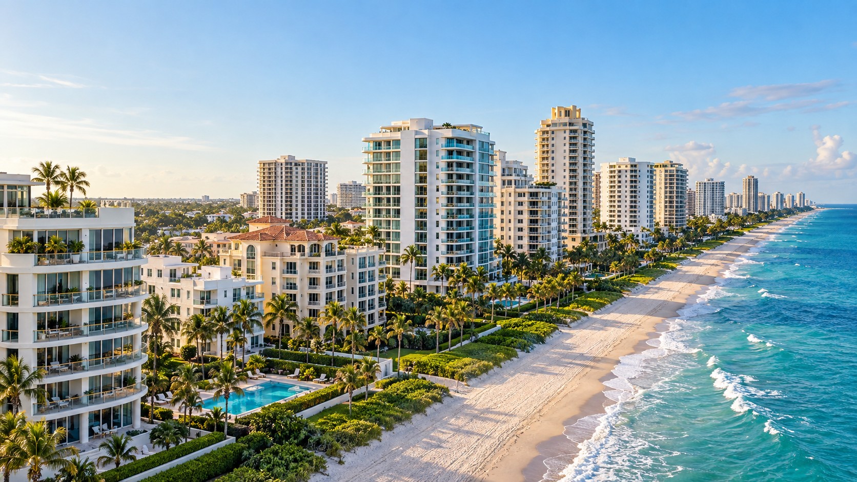 Fictional coastal condominium buildings beside a palm-lined Atlantic beach; AI-generated illustration.
