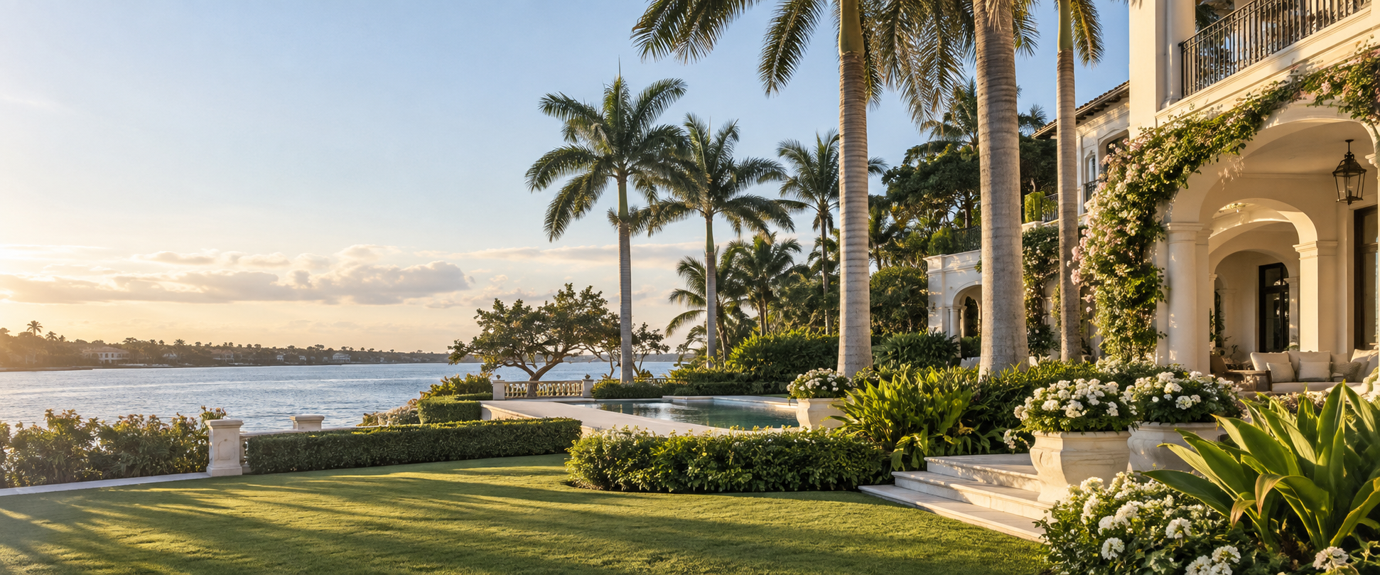 Illustrative waterfront home and palm-lined grounds beside the water in Palm Beach County.