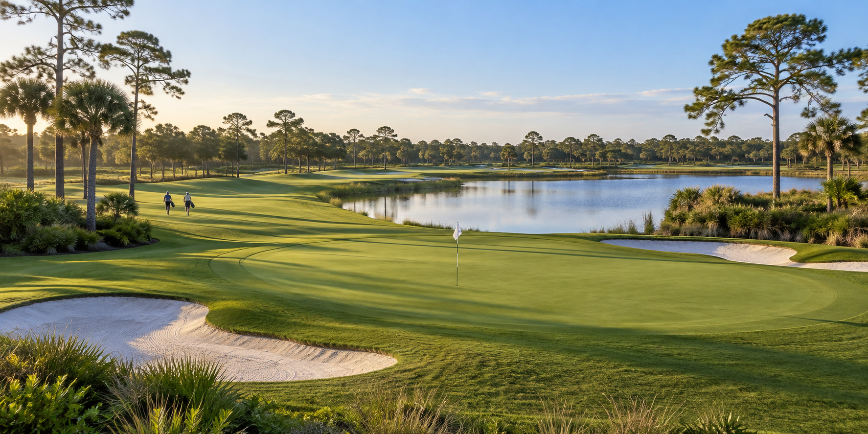 Illustrative South Florida golf course with a putting green, sand bunkers, a lake and two golfers walking along the fairway.