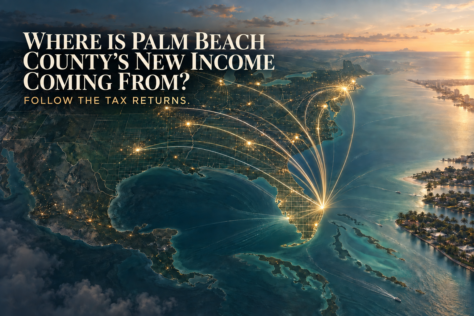 Map-style visualization of income migration routes converging on Palm Beach County, with the headline Where Is Palm Beach County's New Income Coming From? Follow the Tax Returns.