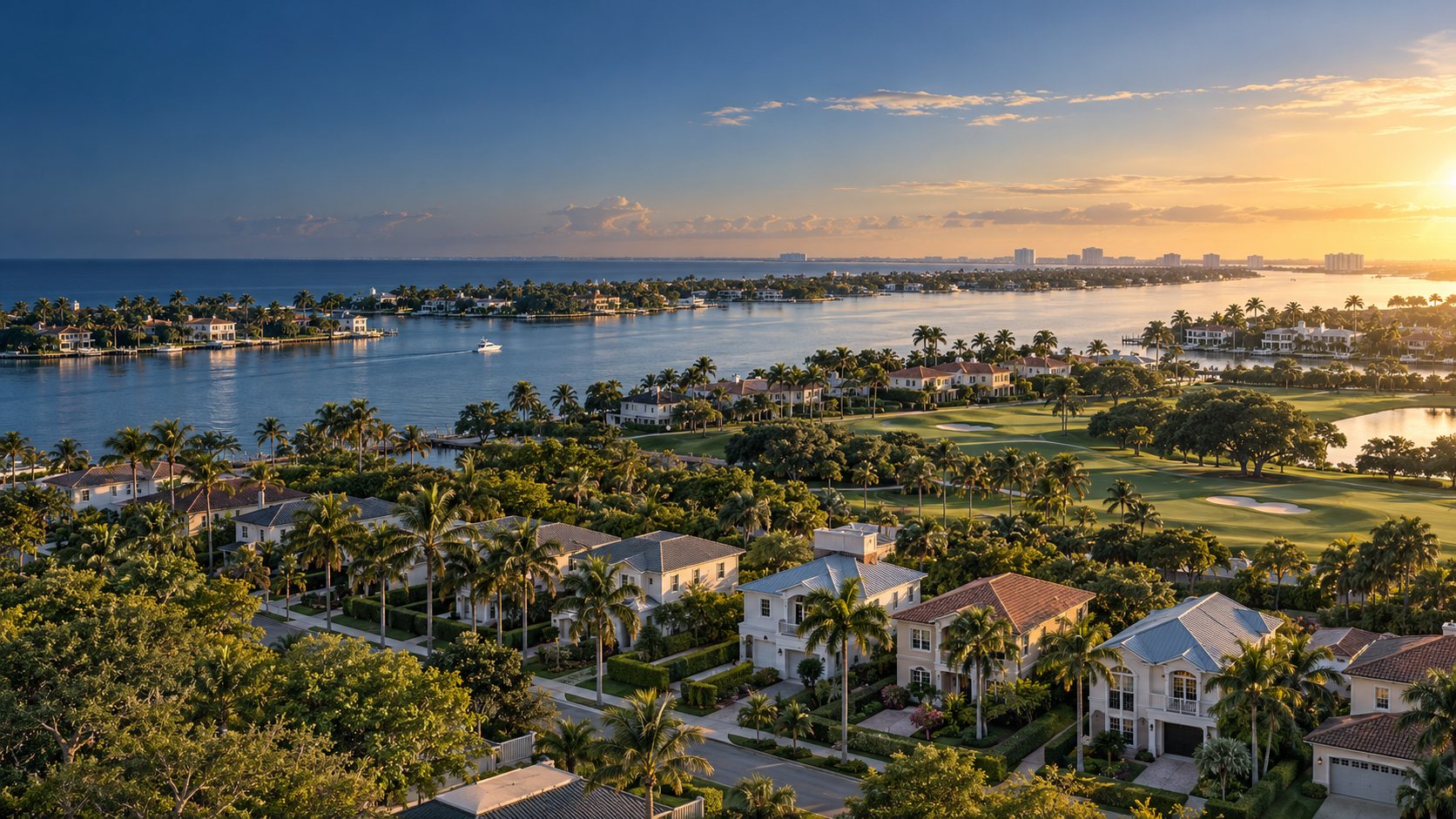 Aerial illustration of South Florida homes, a golf course, and waterfront estates at sunrise.