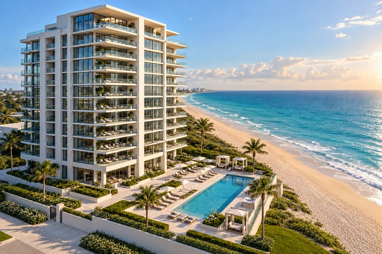Illustrative oceanfront condominium with terraces, a pool and beach views