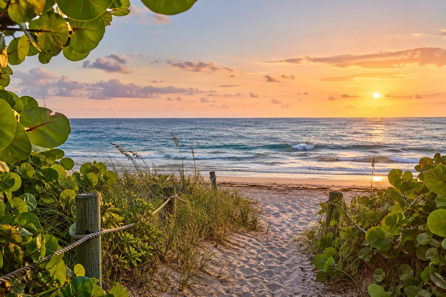 Illustrative coastal lifestyle: sea-grape leaves framing a secluded sandy path to blue Atlantic water in Boca Raton