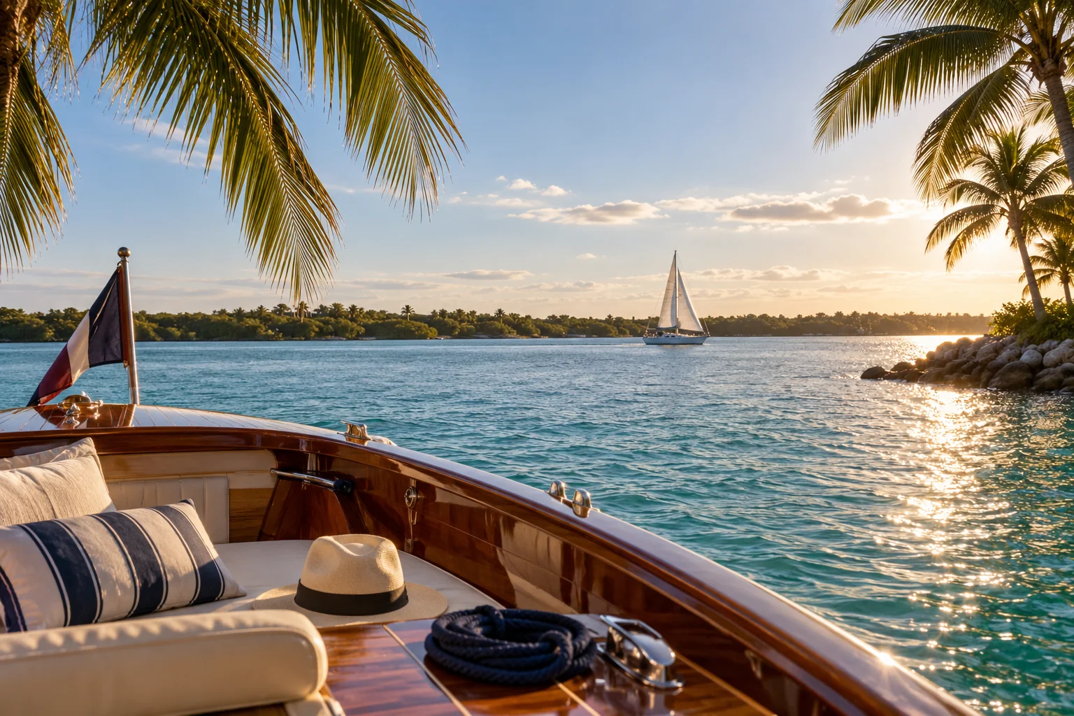 Illustrative coastal lifestyle: view from a teak runabout toward blue-green Intracoastal water and a distant sailboat in Boca Raton