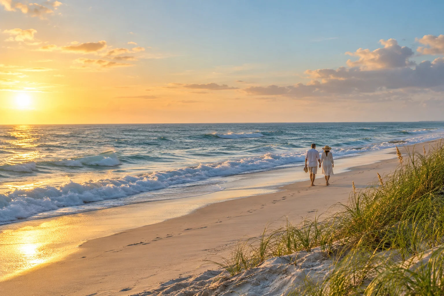 Illustrative coastal lifestyle: quiet dune-side beach walk with two distant adults in understated linen, gentle Atlantic surf in Boca Raton
