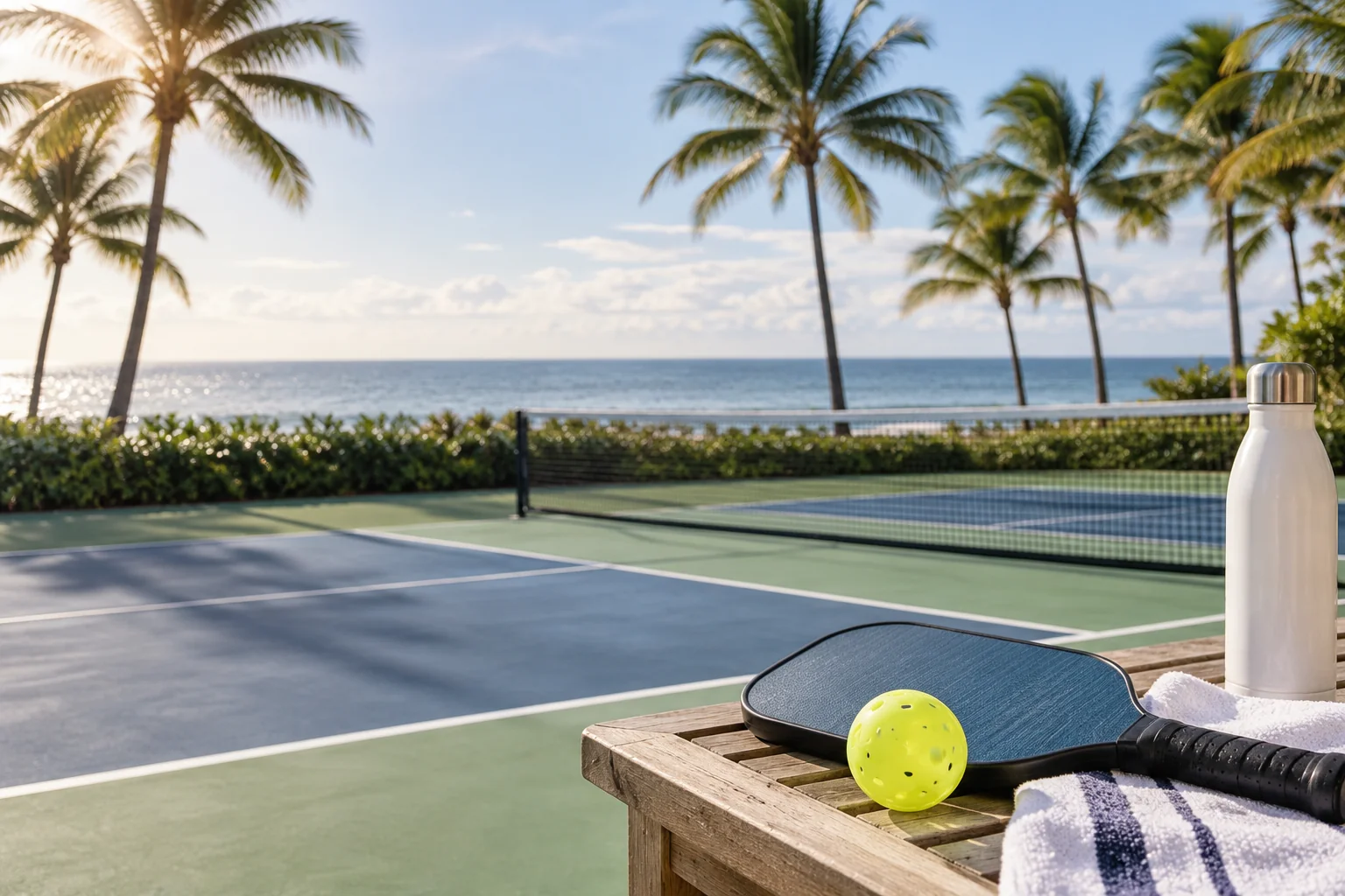 Illustrative coastal lifestyle: Illustrative pickleball lifestyle scene for Marbella