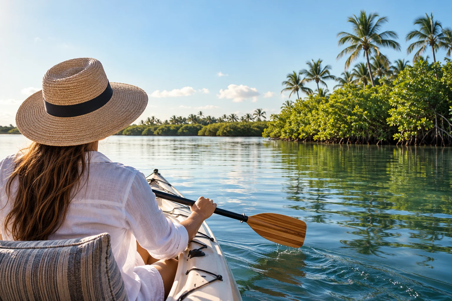Illustrative coastal lifestyle: a kayak gliding beside a natural mangrove island, tropical palms and reflected sky in Boca Raton