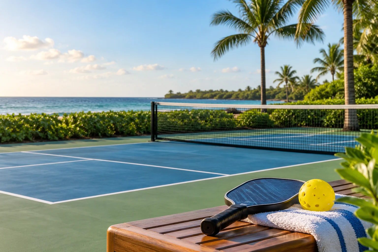 Illustrative coastal lifestyle: Illustrative pickleball lifestyle scene for One Thousand Ocean
