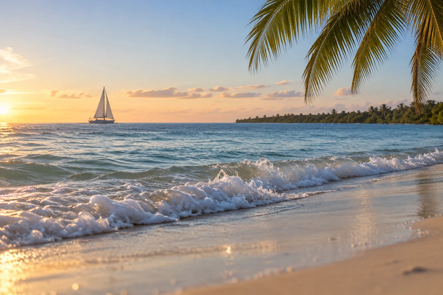 Illustrative coastal lifestyle: a graceful sailboat far offshore viewed past a palm frond and pristine sandy beach in Boca Raton