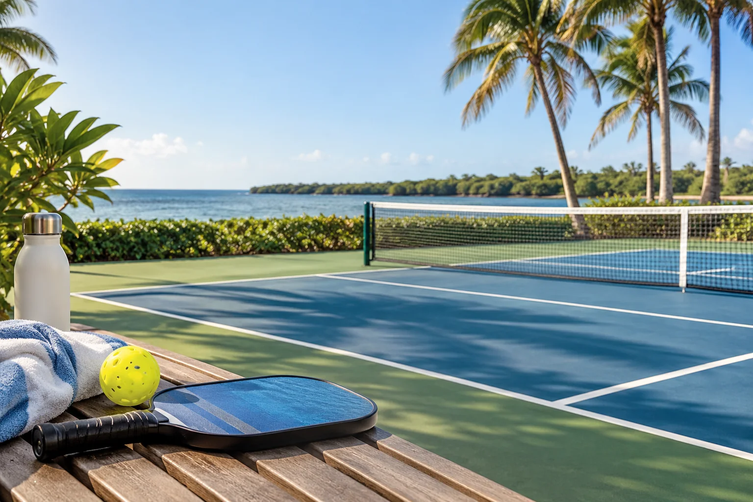 Illustrative coastal lifestyle: Illustrative pickleball lifestyle scene for Stratford Arms