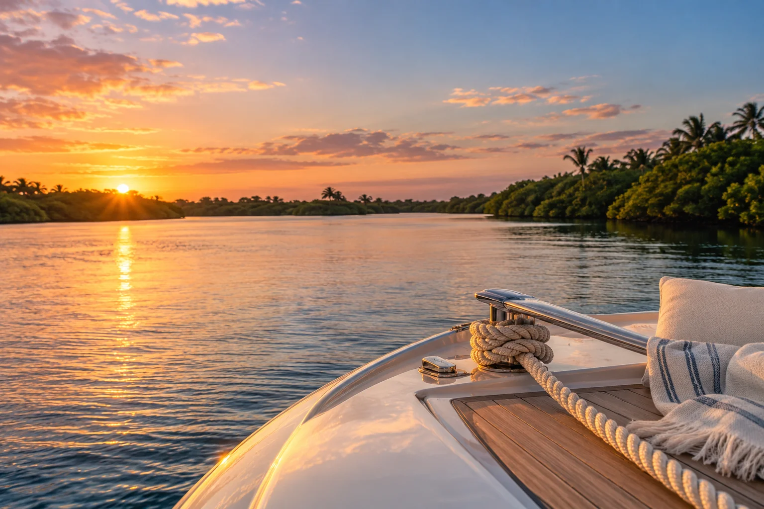 Illustrative coastal lifestyle: polished nautical rope and boat bow in foreground with tranquil Intracoastal water beyond in Boca Raton