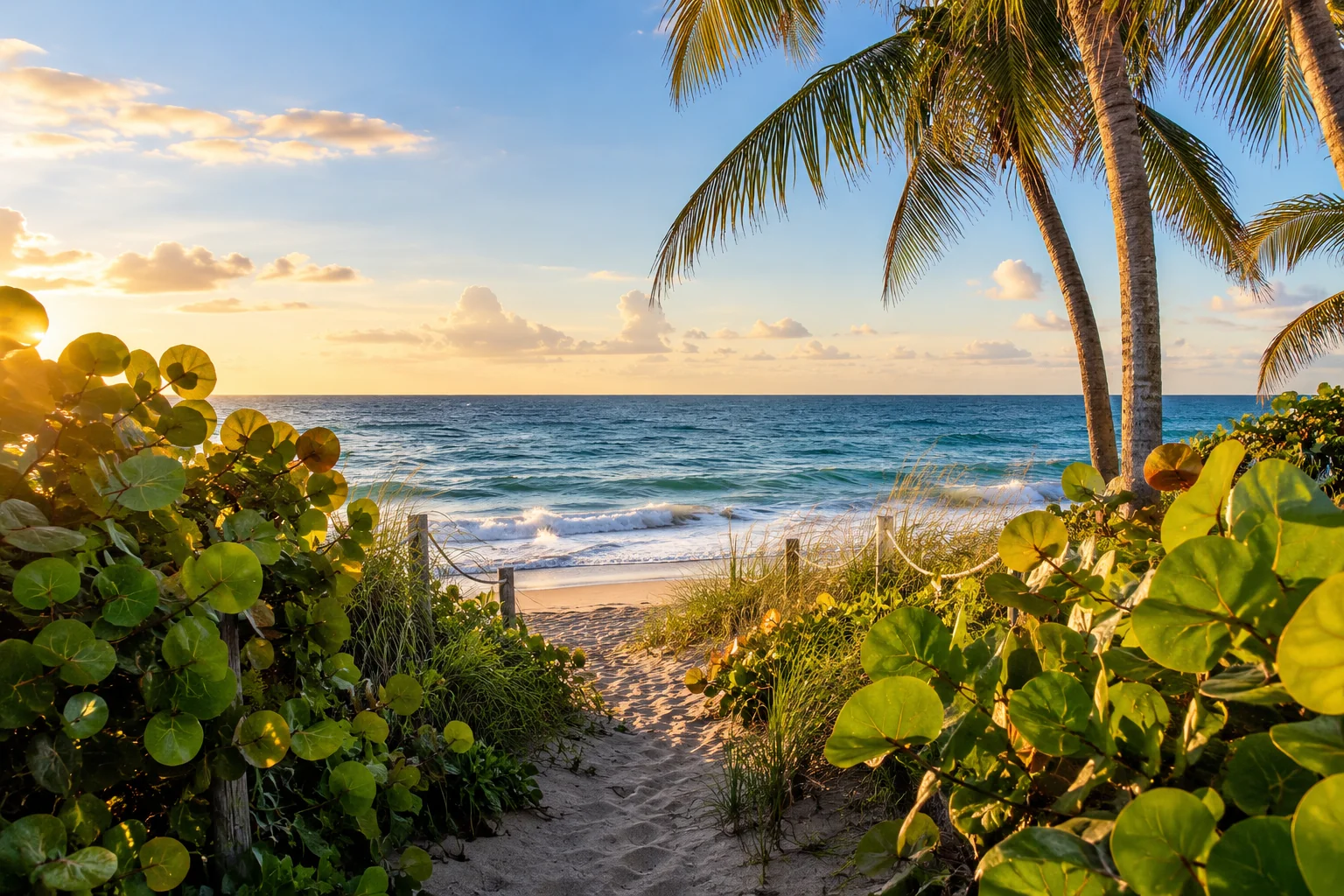 Illustrative coastal lifestyle: sea-grape leaves framing a secluded sandy path to blue Atlantic water in Boca Raton