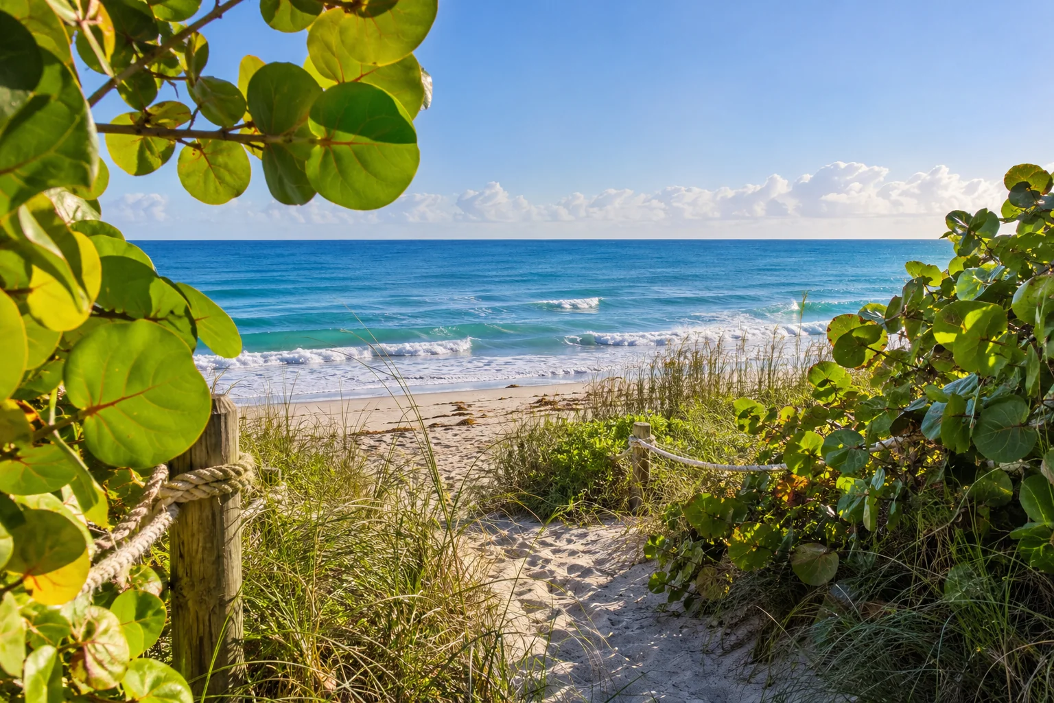 Illustrative coastal lifestyle: sea-grape leaves framing a secluded sandy path to blue Atlantic water in Juno Beach