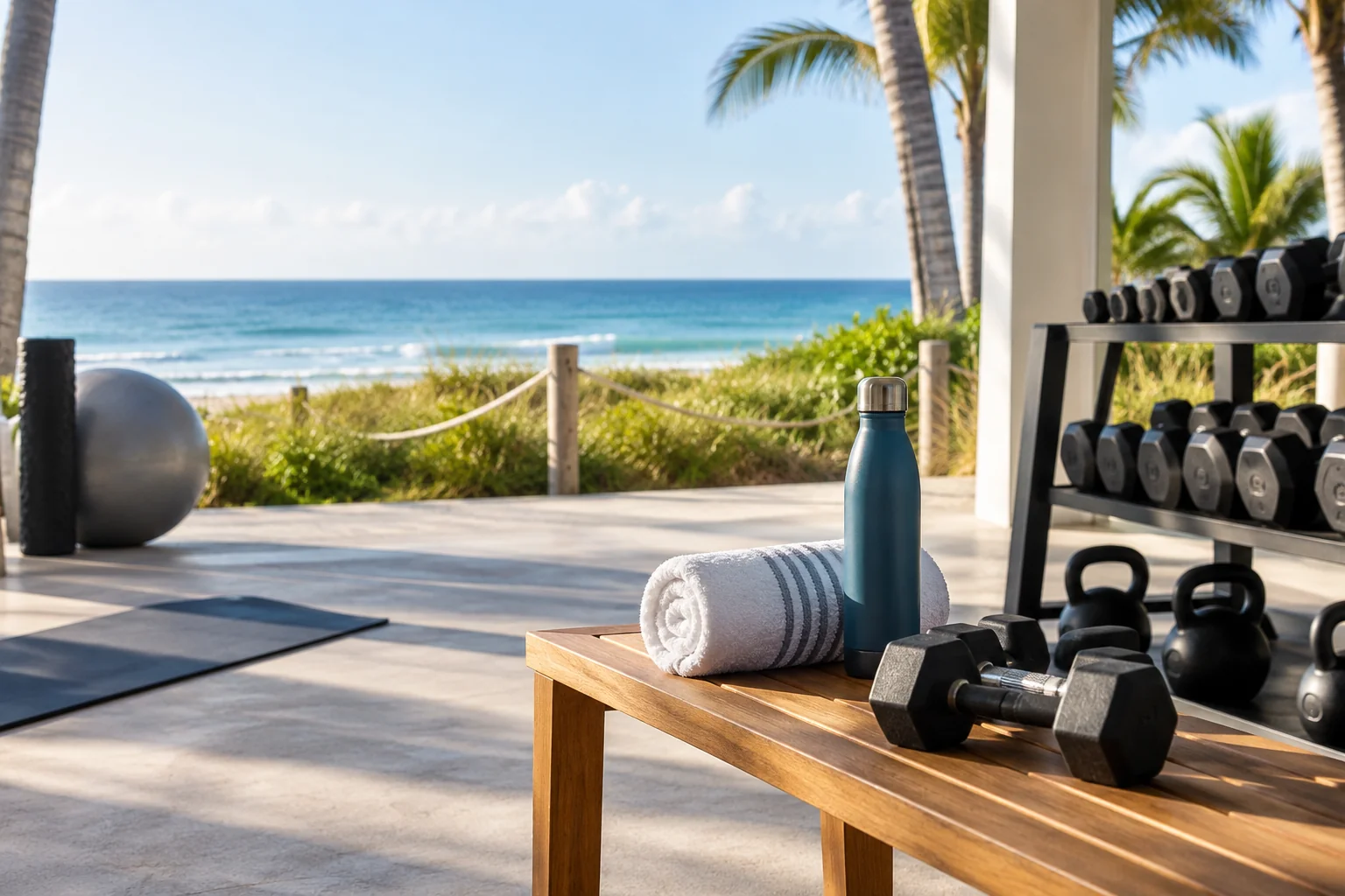 Illustrative coastal lifestyle: Illustrative gym lifestyle scene for Oceanfront