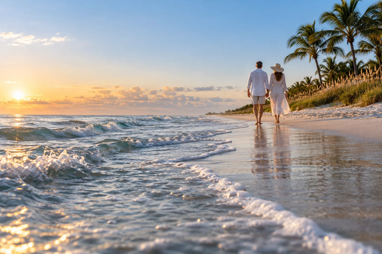 Illustrative coastal lifestyle: quiet dune-side beach walk with two distant adults in understated linen, gentle Atlantic surf in Jupiter Island / Jupiter Inlet Colony
