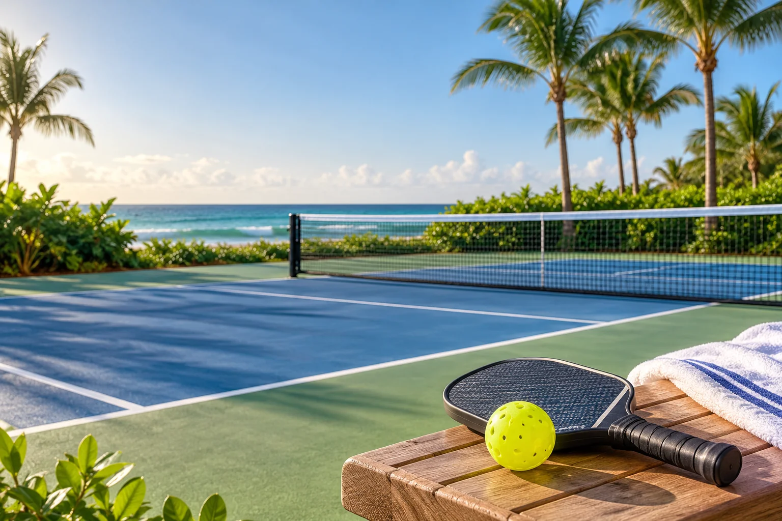 Illustrative coastal lifestyle: Illustrative pickleball lifestyle scene for Island House Northeast