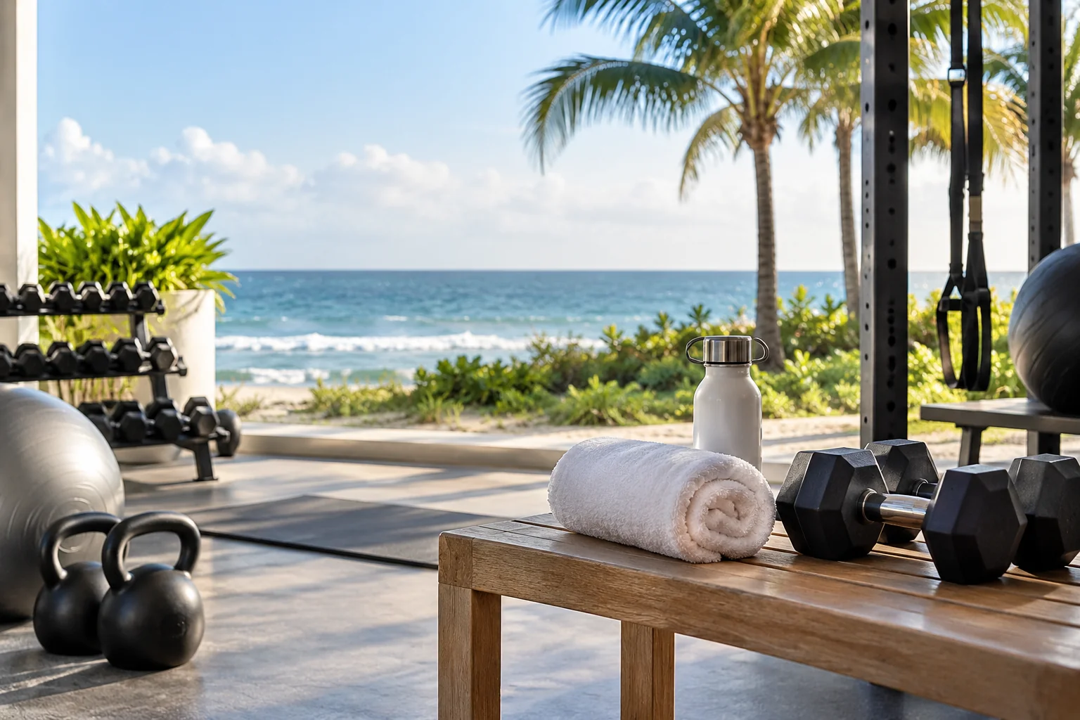 Illustrative coastal lifestyle: Illustrative gym lifestyle scene for Ocean Sound