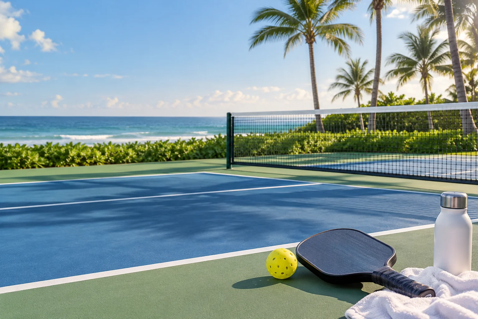 Illustrative coastal lifestyle: Illustrative pickleball lifestyle scene for Ocean Towers North