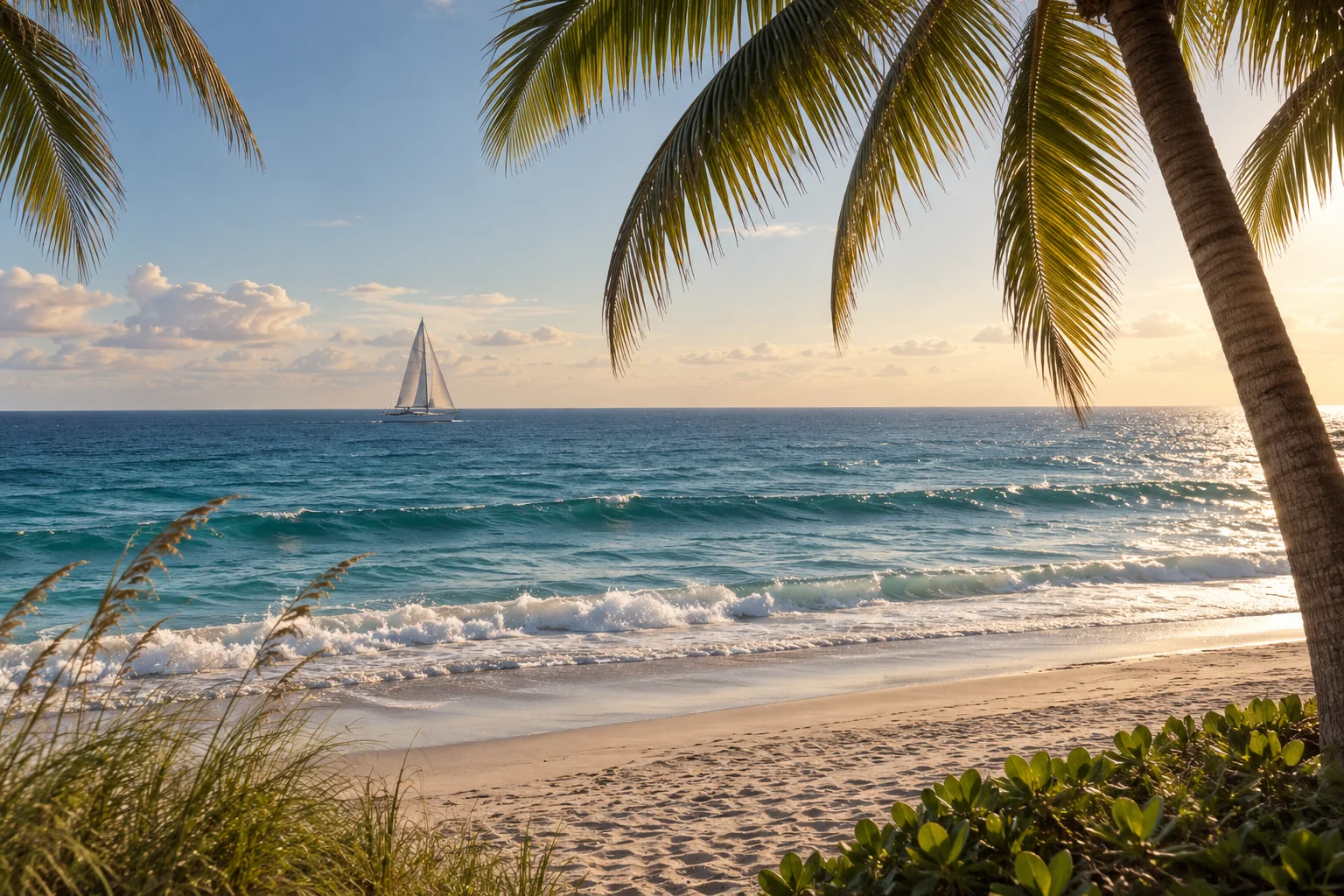 Illustrative coastal lifestyle: a graceful sailboat far offshore viewed past a palm frond and pristine sandy beach in Jupiter Island / Jupiter Inlet Colony