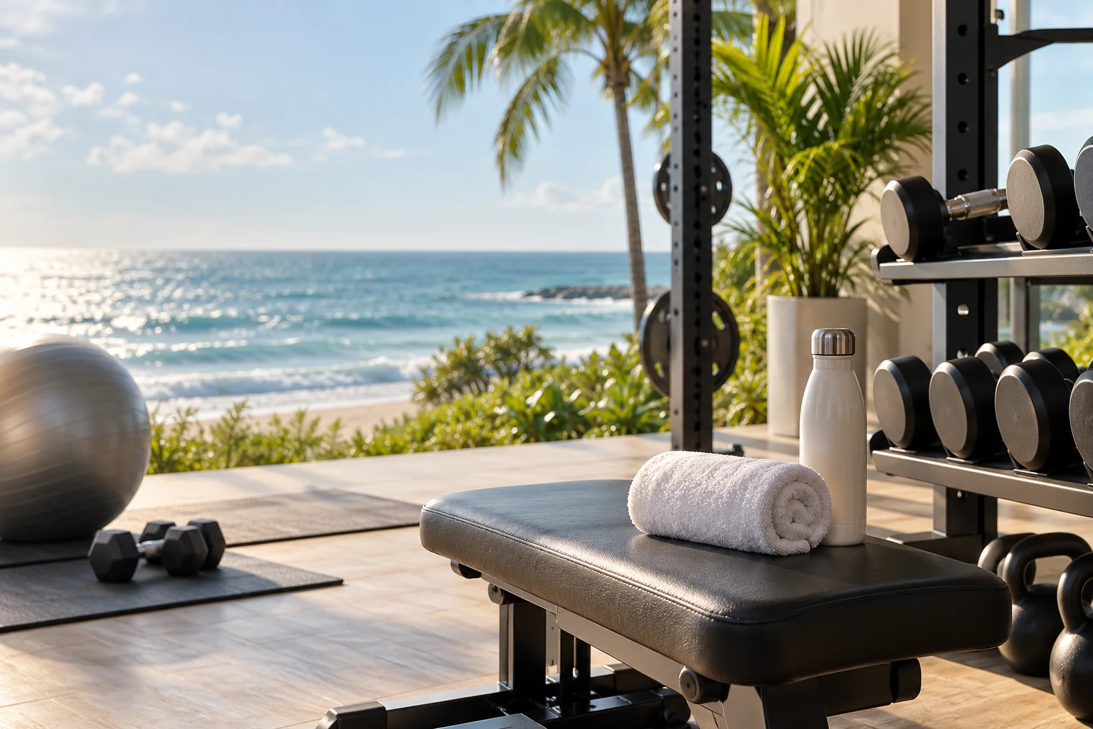 Illustrative coastal lifestyle: Illustrative gym lifestyle scene for SeaGlass