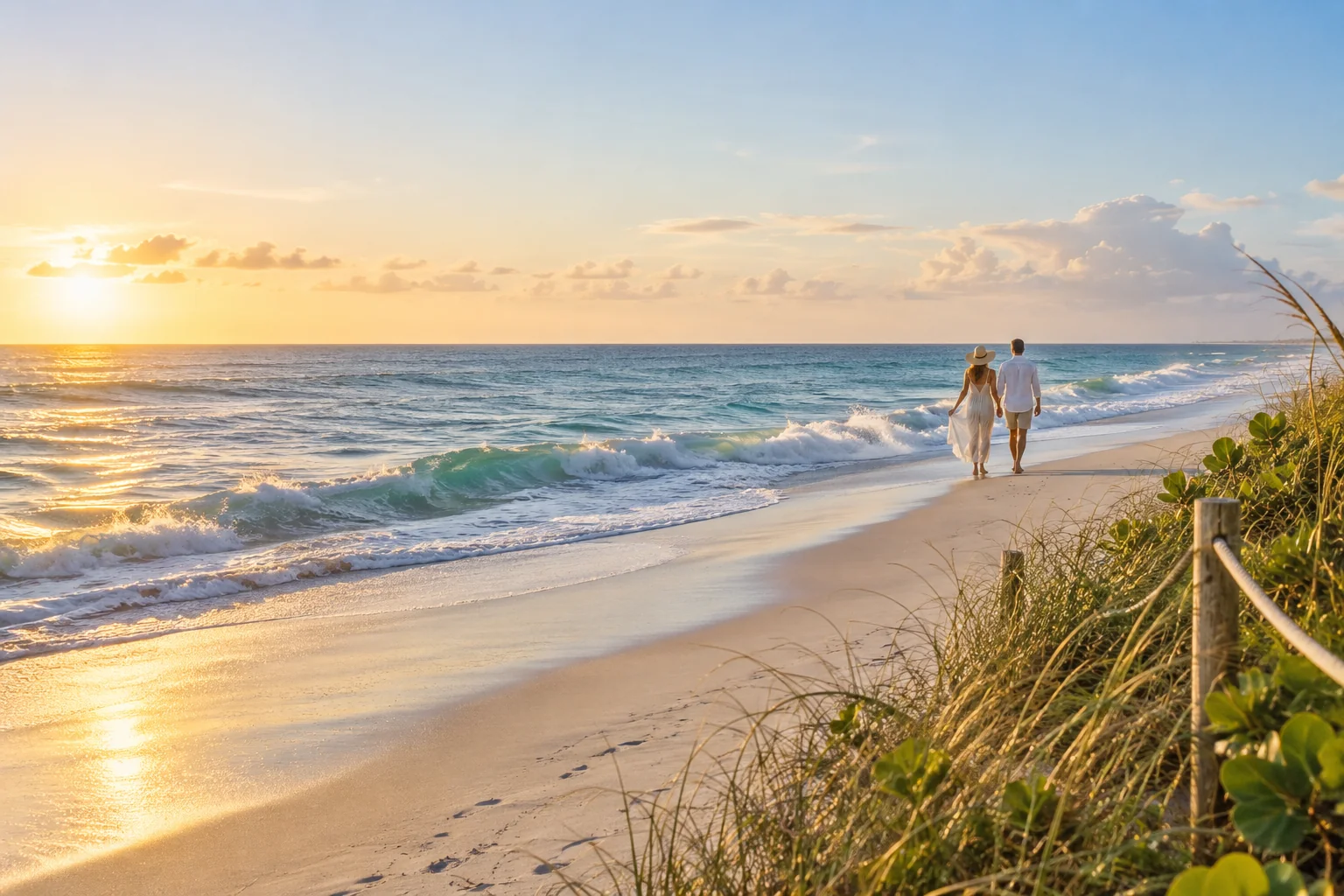 Illustrative coastal lifestyle: quiet dune-side beach walk with two distant adults in understated linen, gentle Atlantic surf in Jupiter Island / Jupiter Inlet Colony