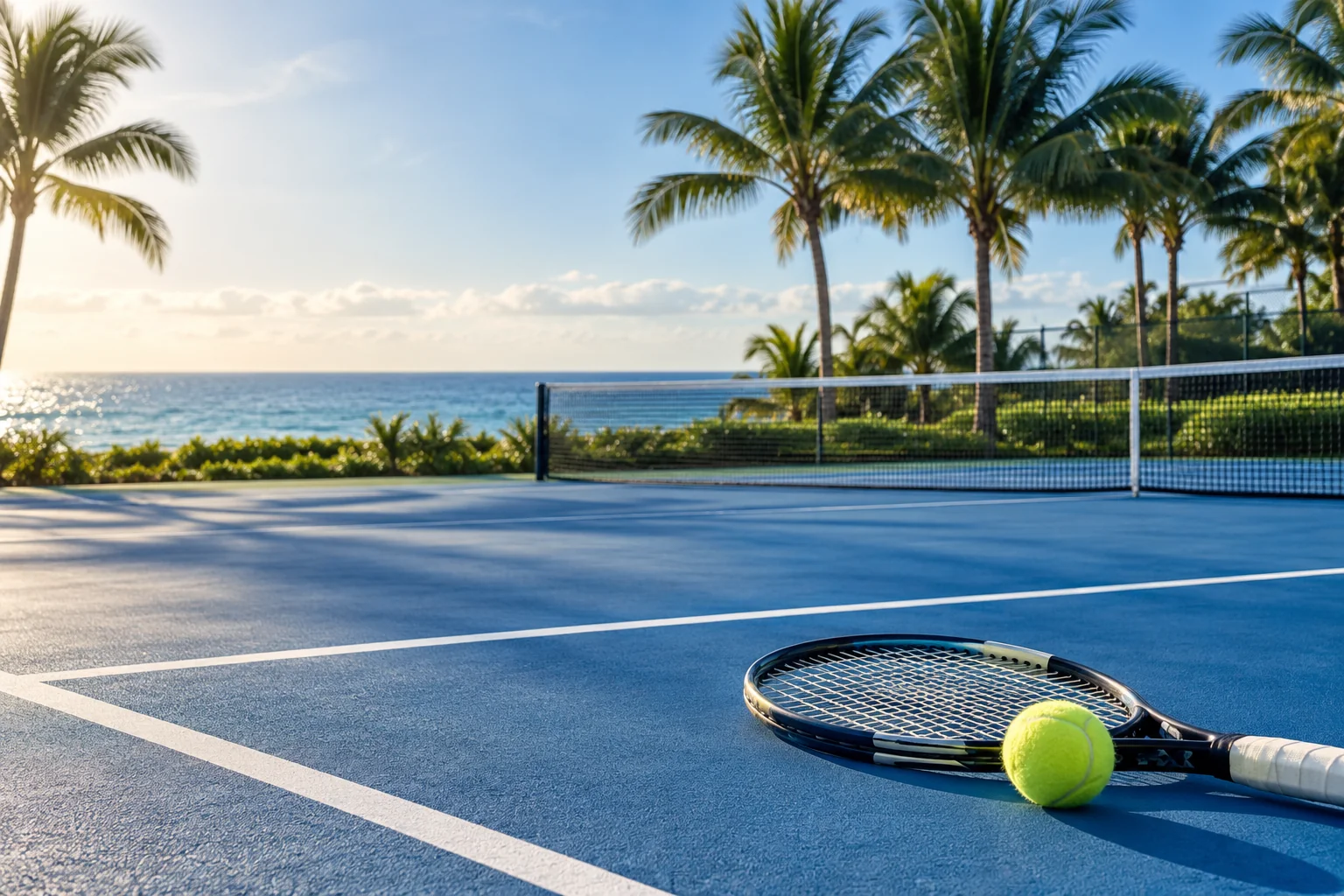 Illustrative coastal lifestyle: Illustrative tennis lifestyle scene for Ocean Grande