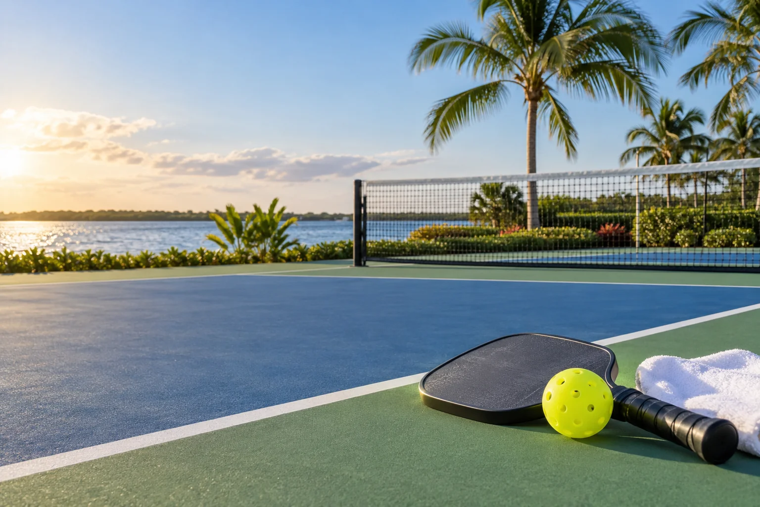 Illustrative coastal lifestyle: Illustrative pickleball lifestyle scene for Old Port Cove