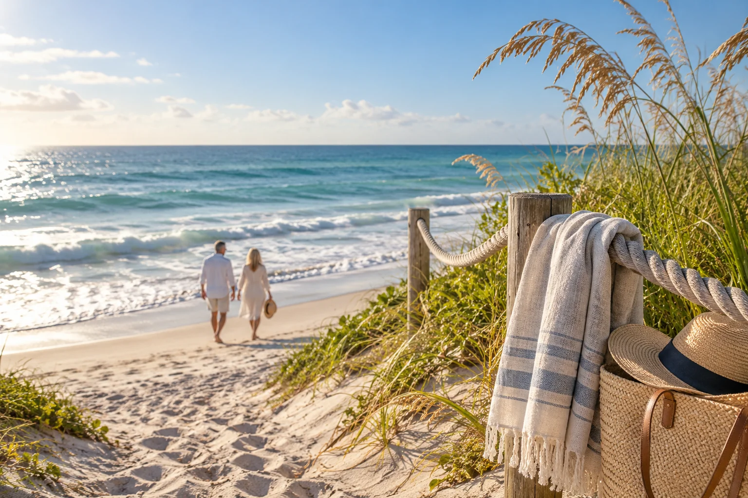 Illustrative coastal lifestyle: quiet dune-side beach walk with two distant adults in understated linen, gentle Atlantic surf in Palm Beach