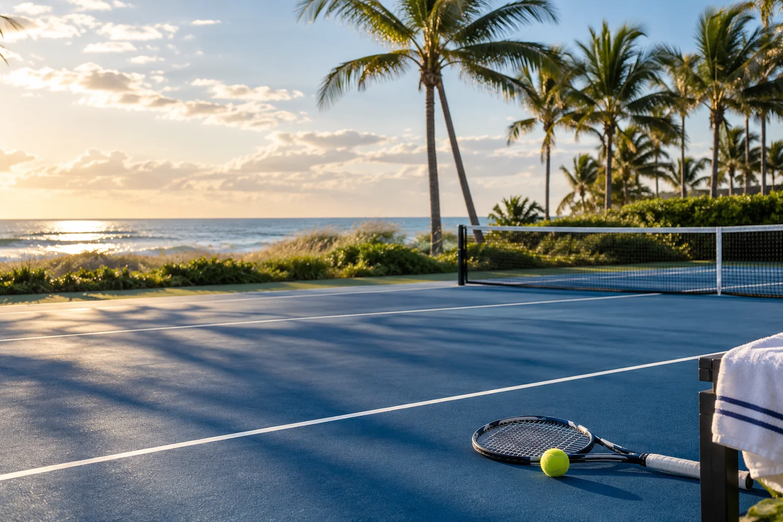Illustrative coastal lifestyle: Illustrative tennis lifestyle scene for 2770 South Ocean