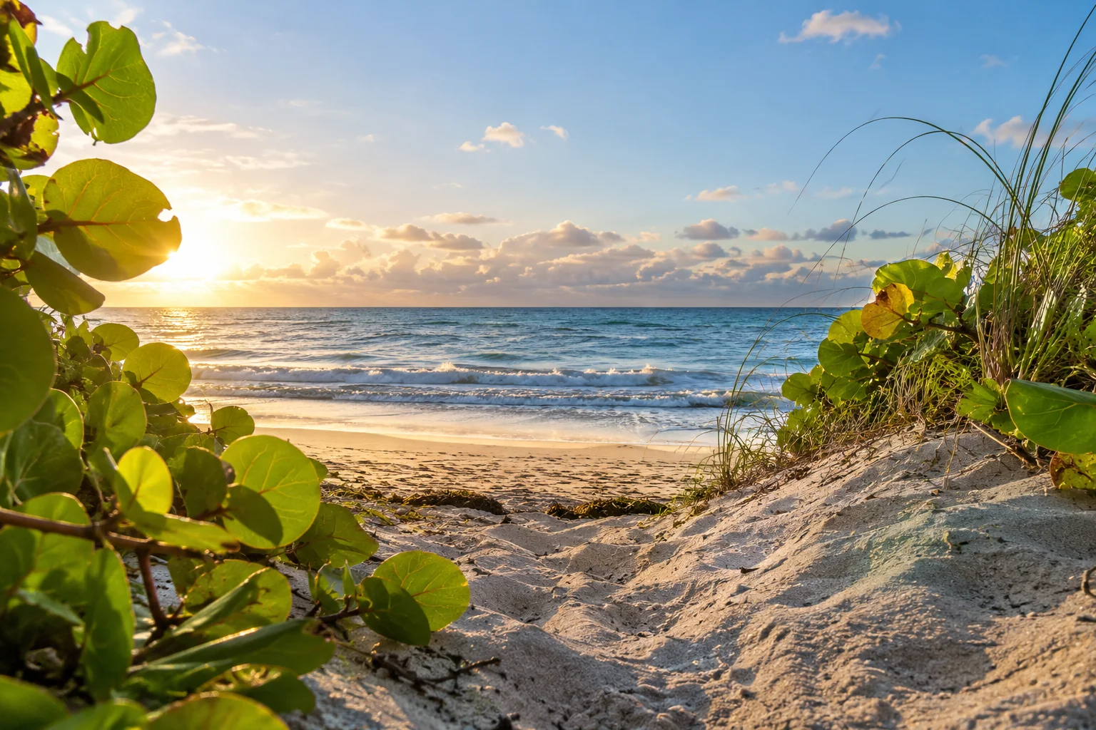 Illustrative coastal lifestyle: sea-grape leaves framing a secluded sandy path to blue Atlantic water in Palm Beach
