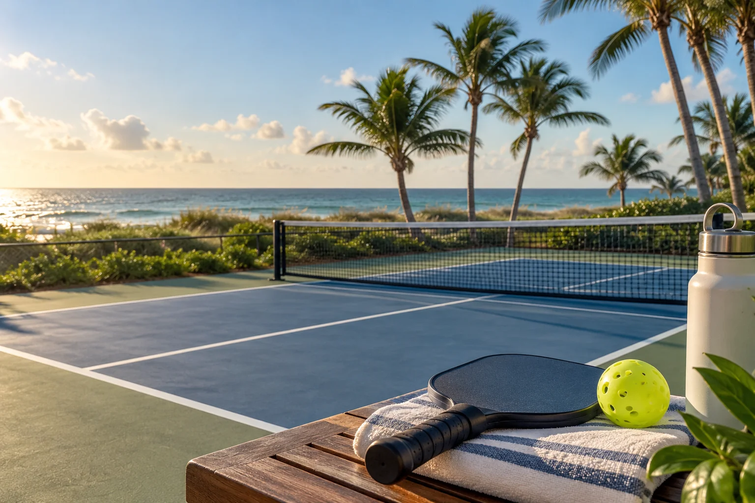 Illustrative coastal lifestyle: Illustrative pickleball lifestyle scene for Bellaria