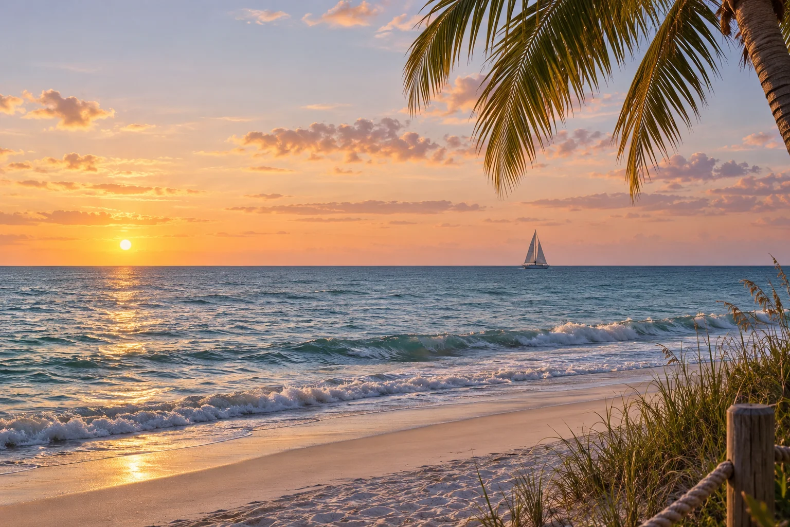Illustrative coastal lifestyle: a graceful sailboat far offshore viewed past a palm frond and pristine sandy beach in Palm Beach