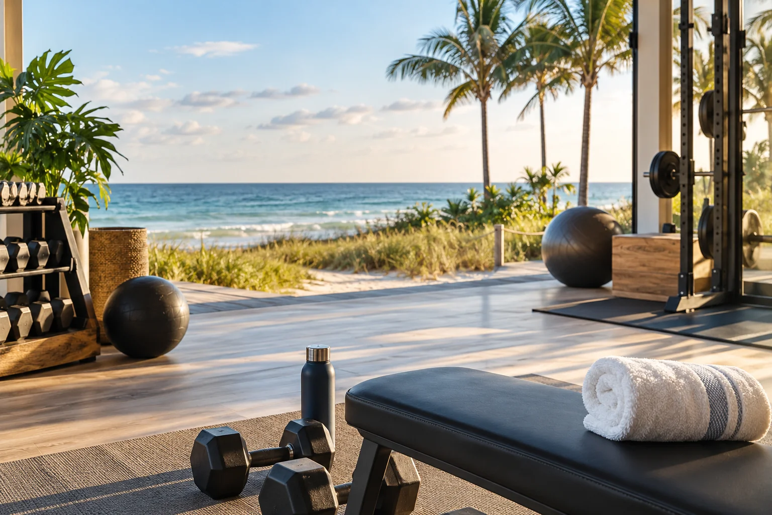Illustrative coastal lifestyle: Illustrative gym lifestyle scene for La Bonne Vie