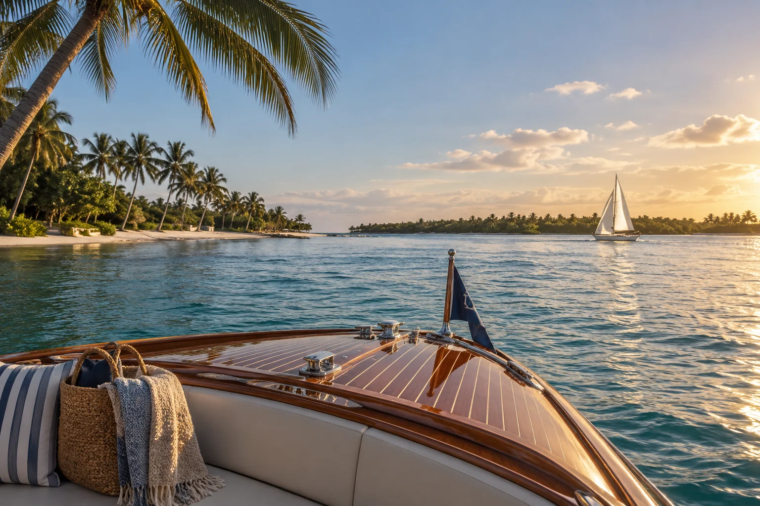 Illustrative coastal lifestyle: view from a teak runabout toward blue-green Intracoastal water and a distant sailboat in Palm Beach