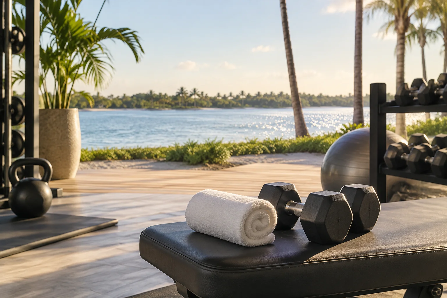 Illustrative coastal lifestyle: Illustrative gym lifestyle scene for Palm Beach Biltmore