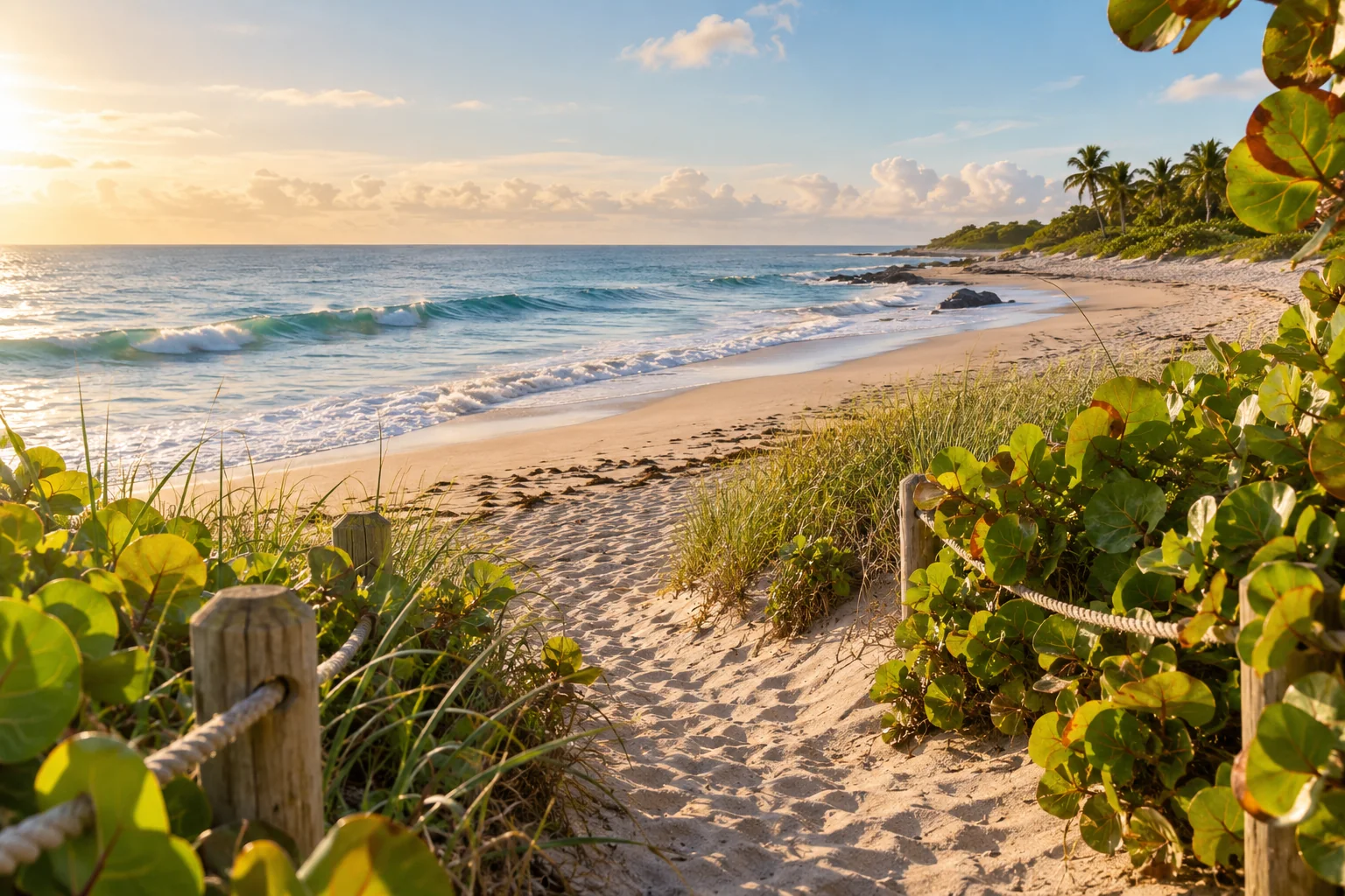 Illustrative coastal lifestyle: sea-grape leaves framing a secluded sandy path to blue Atlantic water in Palm Beach