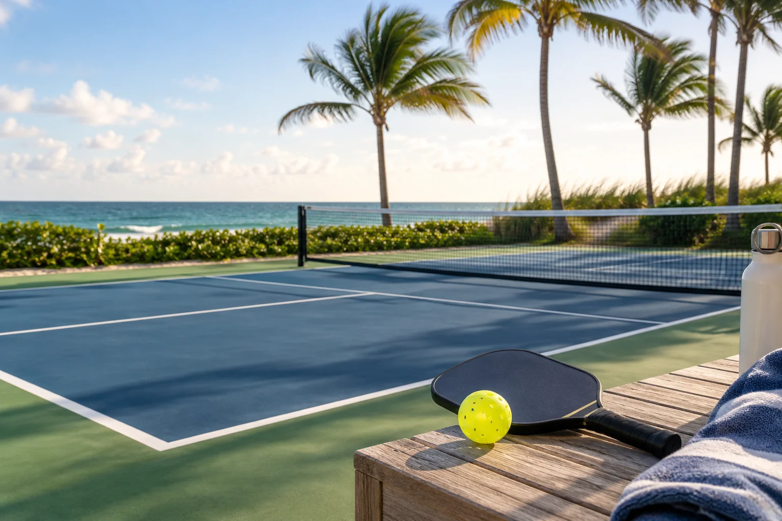 Illustrative coastal lifestyle: Illustrative pickleball lifestyle scene for Sloan’s Curve