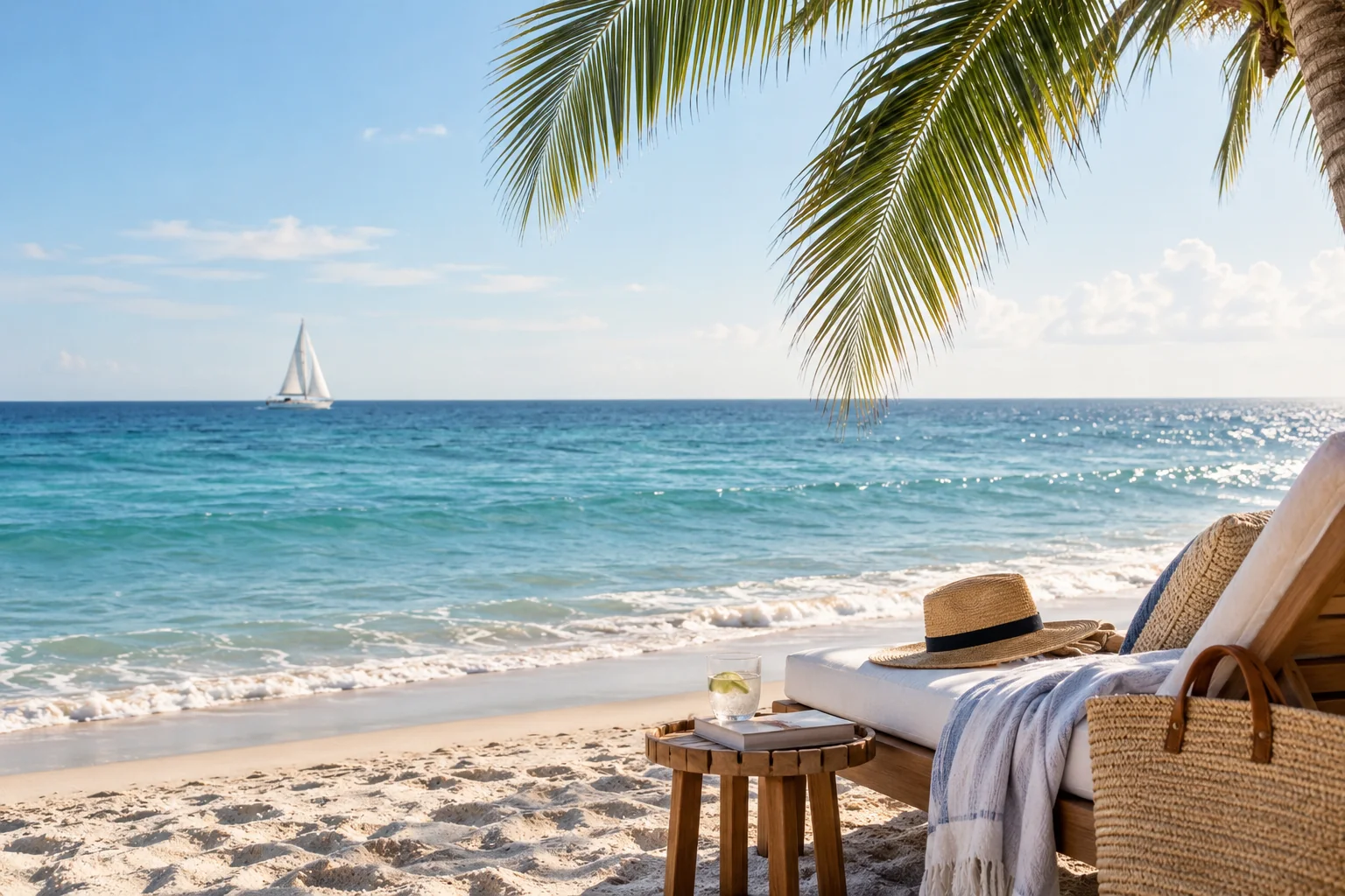 Illustrative coastal lifestyle: a graceful sailboat far offshore viewed past a palm frond and pristine sandy beach in Palm Beach