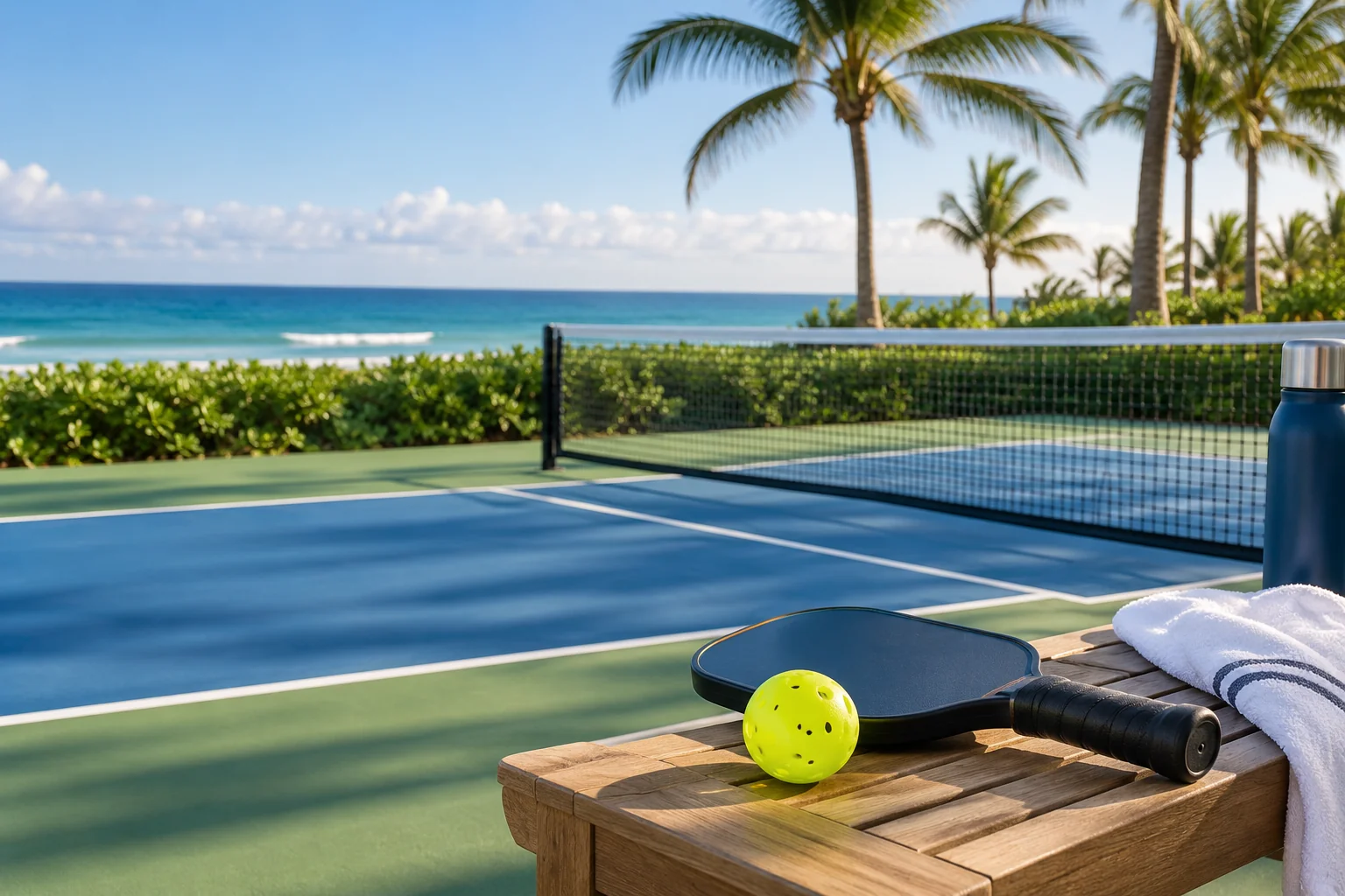 Illustrative coastal lifestyle: Illustrative pickleball lifestyle scene for The Reef